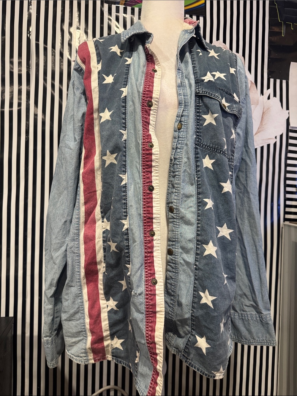Wrangler Denim Button-Down Shirt in Blue with Red & White Accents